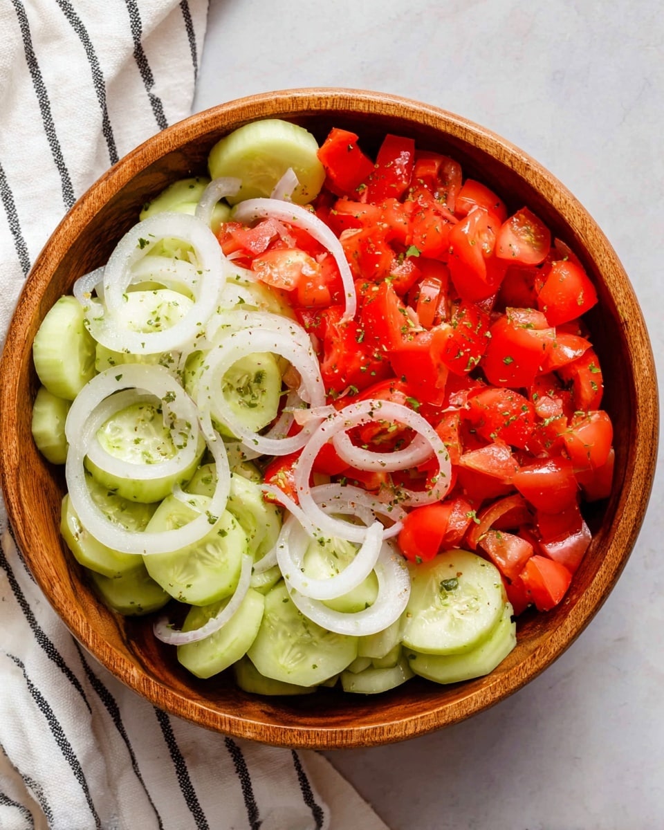 The image shows a wooden bowl filled with a fresh salad made of three main layers. The bottom layer has sliced light green cucumbers with soft, moist texture evenly spread across the bowl. The middle layer consists of bright red chopped tomatoes with a juicy and slightly chunky texture on top of the cucumbers. The top layer is thin white onion rings scattered over the tomatoes and cucumbers, with some sprinkled small green herbs visible all around. The bowl sits on a white marbled surface next to a white cloth with black stripes. Photo taken with an iphone --ar 4:5 --v 7