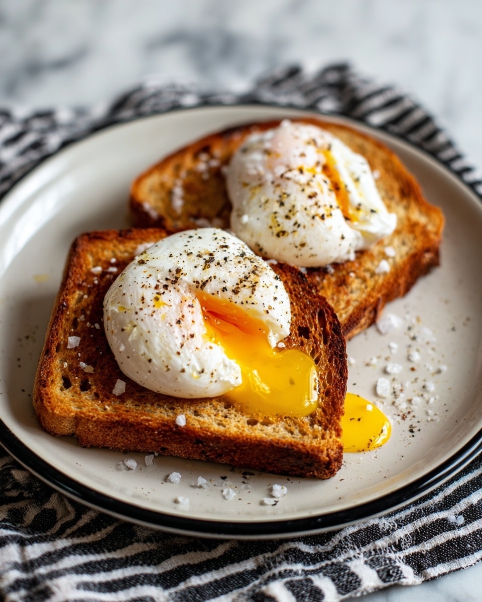 The image shows two toasted slices of brown bread stacked on a white plate with a black rim, placed on a white marbled surface with a black and white striped cloth beneath. On top of the toast, there are two poached eggs, white and smooth with a bit of black pepper sprinkled on them. One egg's yolk is slightly broken, showing a bright yellow liquid that contrasts with the white egg and the golden-brown toast. Coarse salt flakes are scattered over the toast and the plate. Photo taken with an iphone --ar 4:5 --v 7