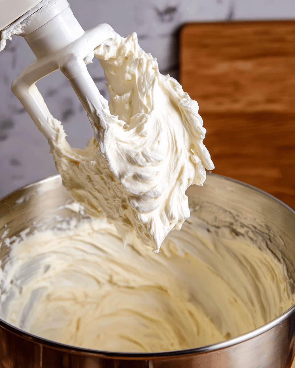 This image shows a close-up of thick, creamy white batter or frosting on a white stand mixer paddle attachment above a shiny metal mixing bowl. The batter has a smooth and fluffy texture with soft peaks, and bits cling to the paddle as it is lifted from the bowl. The background features a warm wooden surface and a white marbled texture. photo taken with an iphone --ar 4:5 --v 7