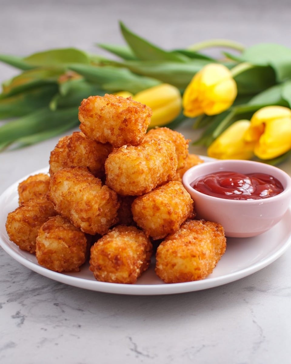 A white plate is full of golden-brown crispy tater tots stacked in a small pyramid shape with about three layers; the texture looks crunchy and fried. To the right side of the plate is a small pale pink cup filled with smooth reddish ketchup. In the background, there are bunches of yellow tulip flowers and green leaves, all placed on a white marbled surface. photo taken with an iphone --ar 4:5 --v 7