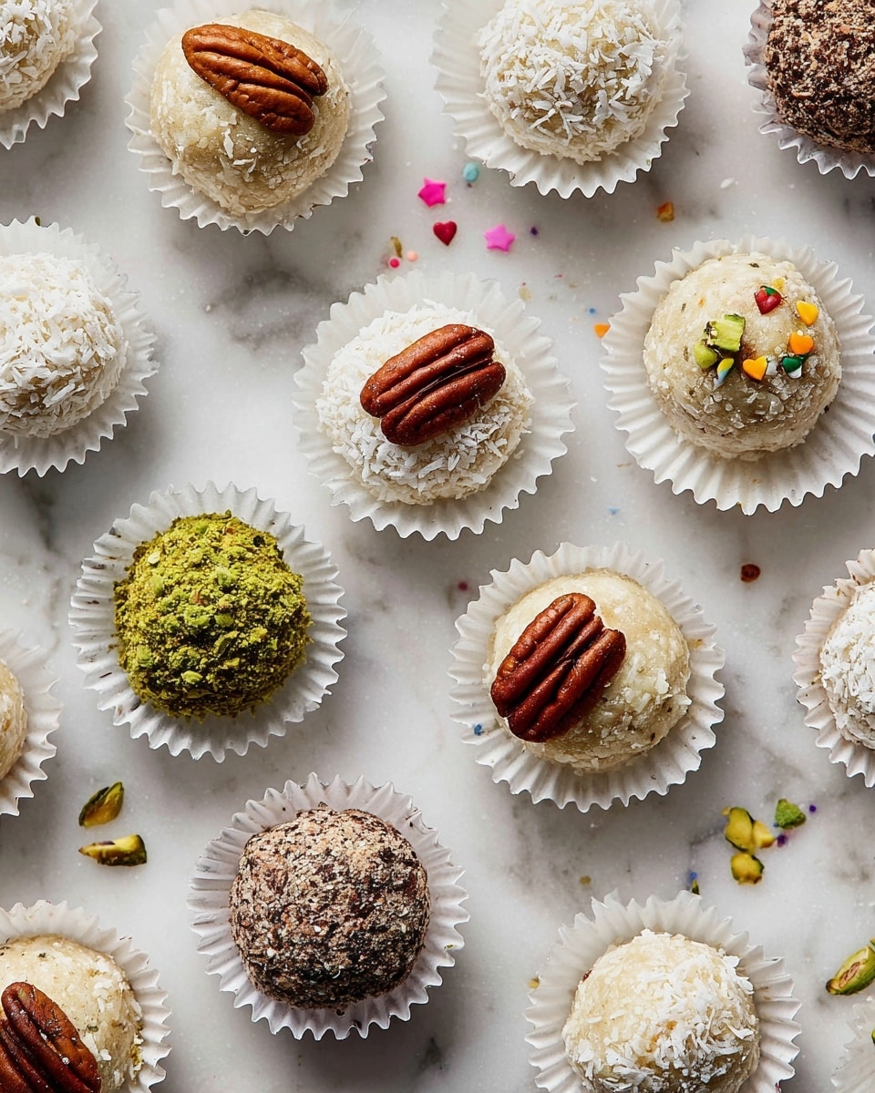 The image shows an assortment of round, bite-sized treats arranged on a white marbled surface. Each treat sits in a white ruffled paper cup. There are several types: some are coated in white shredded coconut, with a few topped by whole pecan halves; others are covered in crushed green pistachios, including one with a bite taken out showing a white creamy inside; there are also treats coated in a mixture of chopped nuts and dark chocolate, giving a rough texture; and a few are decorated with colorful small sprinkles on top of the coconut layer. The treats are evenly spaced, creating a neat and colorful pattern. photo taken with an iphone --ar 4:5 --v 7