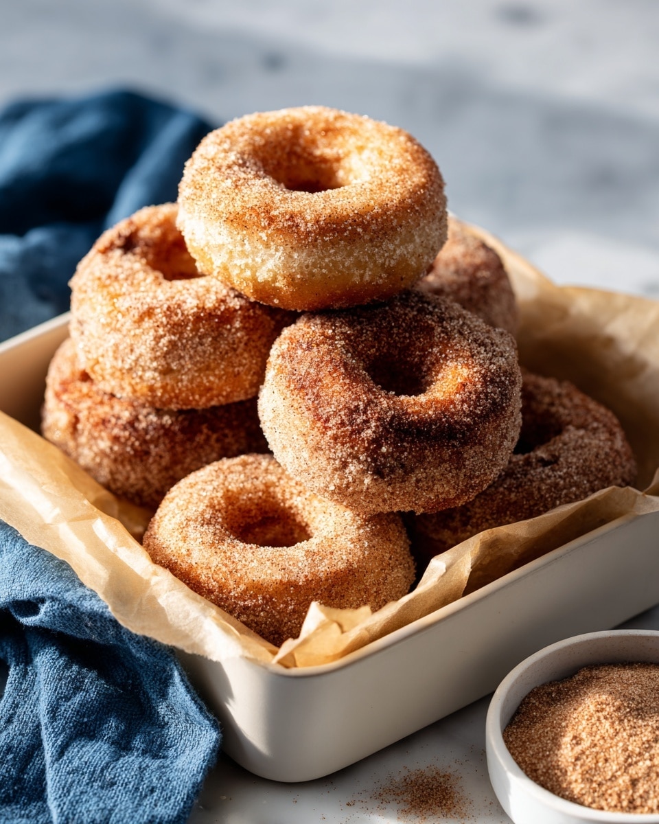 The image shows a white tray lined with brown parchment paper, filled with several cinnamon sugar-coated doughnuts stacked on top of each other. The doughnuts are golden brown with a rough, slightly grainy texture from the sugar coating. The tray is placed on a white marbled surface, with a folded blue cloth partially visible on the left side. In the bottom right corner, a white bowl contains extra cinnamon sugar. The scene is brightly lit, showing the soft, sugary texture of the doughnuts clearly. photo taken with an iphone --ar 4:5 --v 7