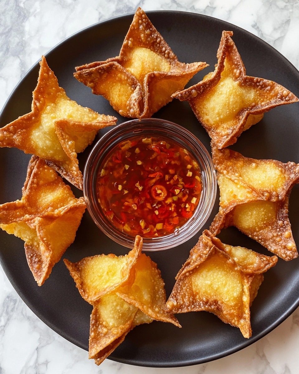A round black plate holds six golden brown fried wontons, each shaped with four crispy pointed corners folded inward, creating a star-like top with crispy edges that vary from light golden to darker brown. In the center of the plate is a small clear glass bowl filled with bright red sweet chili sauce that has visible chili flakes and seeds. The background shows a white marbled surface beneath the plate. photo taken with an iphone --ar 4:5 --v 7