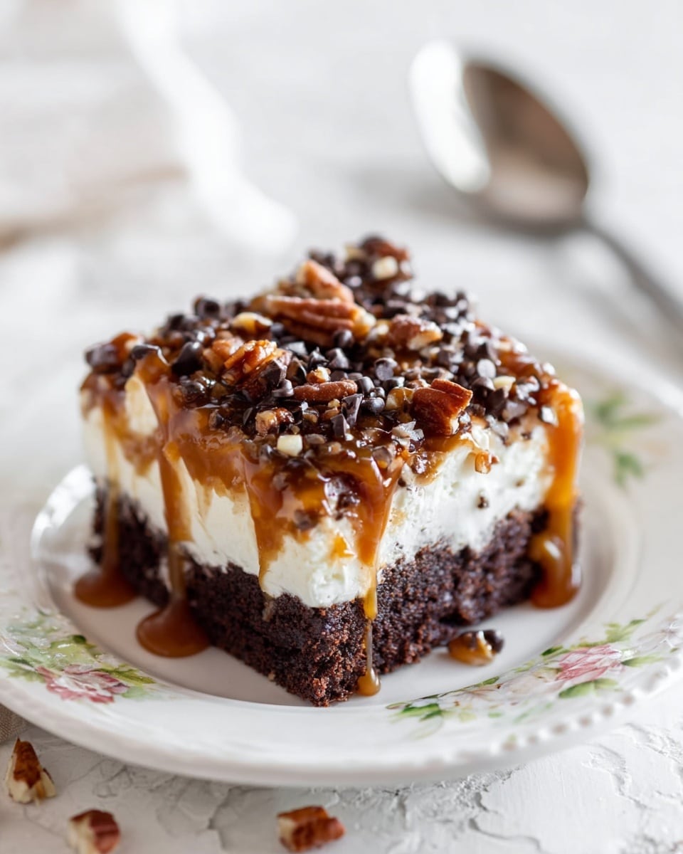 A square piece of dessert sits on a white plate with a floral pattern, placed on a white marbled surface. The dessert has three visible layers: the bottom layer is dark brown and moist like chocolate cake, the middle layer is thick and white, looking creamy and light, and the top layer is covered with small dark chocolate chips and chopped nuts, all drizzled generously with sticky caramel sauce that gleams under the light. In the background, there is a blurred silver spoon resting on the white marbled surface. Photo taken with an iphone --ar 4:5 --v 7