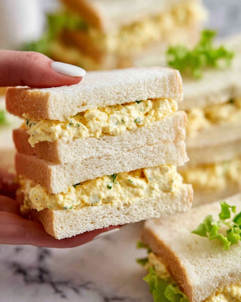 A close-up image shows a two-layer egg salad sandwich held by a woman's hand. The sandwich is made with thick white bread slices with sesame seeds on the crust. Each layer is filled generously with creamy, chunky egg salad mixed with herbs and specks of black pepper. The egg salad is a pale yellow color and spills out slightly from the edges of the bread. Part of a soft-boiled egg with a bright yellow yolk is visible next to the sandwich. The sandwich sits on a wooden board against a white marbled texture background. Photo taken with an iphone --ar 4:5 --v 7