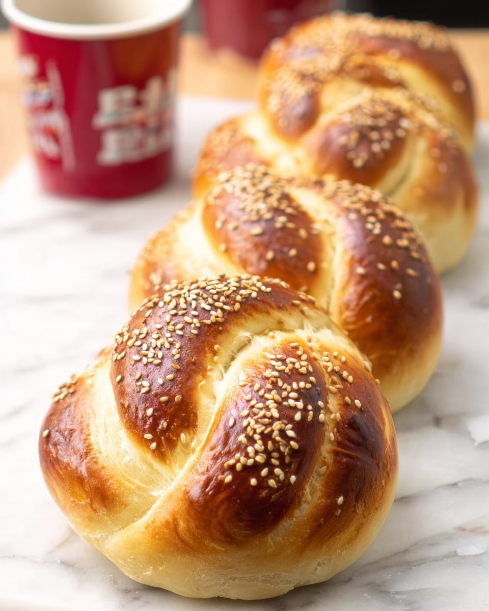 A woman's hand is holding a golden brown round bread roll with a shiny top sprinkled with white sesame seeds; the bread has a smooth, slightly swirled surface with a light beige soft inside showing at the edge where the roll curves. In the background, three similar rolls rest on white parchment paper placed on a white marbled surface. The light highlights the warm tones of the bread crust, creating a fresh baked look. photo taken with an iphone --ar 4:5 --v 7