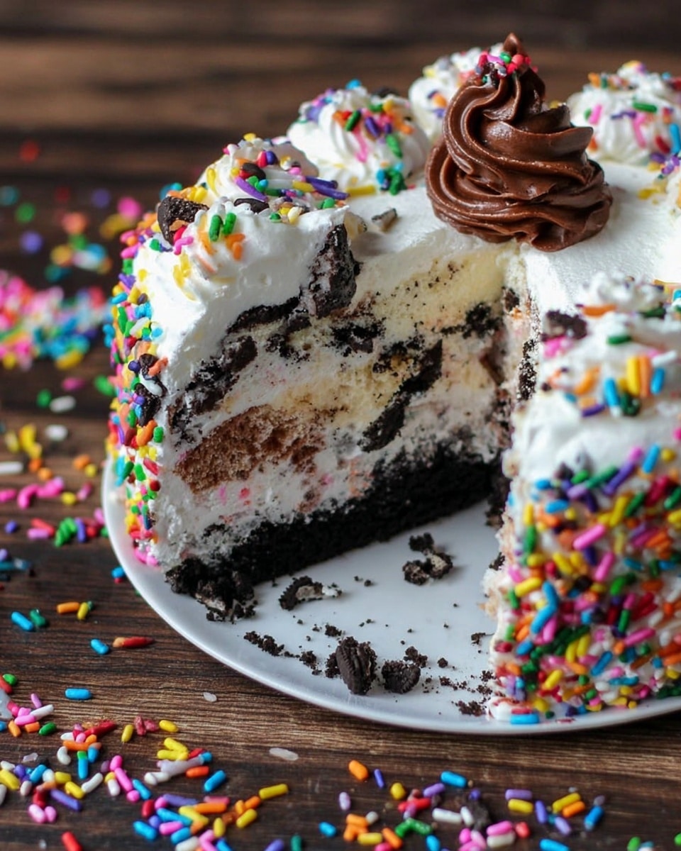 The image shows a layered cake with three main layers: a thick bottom layer of crushed chocolate cookies, a middle layer of white creamy frosting mixed with chunks of chocolate cookies, and a smooth top layer of white frosting sprinkled with colorful candy sprinkles. On the top, there is a small dollop of swirled chocolate frosting with more sprinkles. The cake slice is missing, revealing the inside texture and layers of the cake. The cake is on a white plate placed on a dark wooden surface with scattered colorful sprinkles around it. Photo taken with an iphone --ar 4:5 --v 7