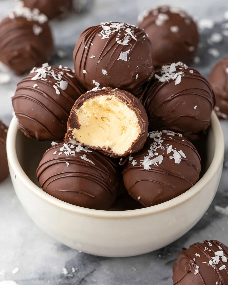 A white bowl filled with round chocolate-covered balls showing three layers visually: a smooth dark brown chocolate outer shell with thin darker chocolate drizzle on top, small white flakes scattered around the top edges, and a creamy light yellow center visible in one ball with a bite taken out. The bowl is set on a white marbled surface, with more chocolate balls partially visible around it in the background. photo taken with an iphone --ar 4:5 --v 7
