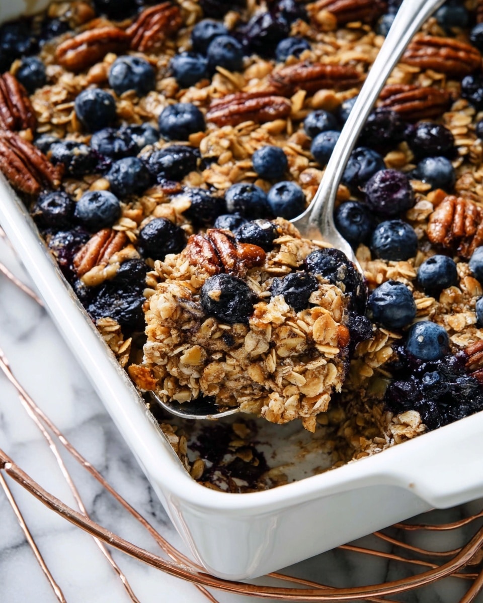 A close-up view of a baked oatmeal dish in a white square baking dish, showing one thick layer of a mix of golden oats, dark blue blueberries, and brown pecan nuts, with some blueberries slightly burst and juicy, giving a rough texture. A silver spoon rests in the cut portion, lifting a piece that displays a dense, moist inside with visible oats and nuts. The baking dish is placed on a copper-colored round rack, and the background is a white marbled texture. Photo taken with an iphone --ar 4:5 --v 7