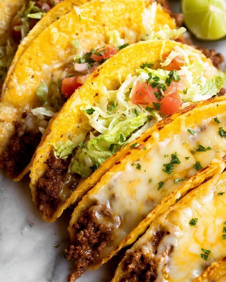 The image shows a close-up view of several cheesy tacos placed side by side on a white marbled surface. Each taco has a yellow, crispy shell filled with layers: the bottom layer is browned ground meat, the middle layer is melted, golden cheese that covers the meat fully, and the top layer has green chopped herbs sprinkled over the cheese. One of the tacos near the top left has shredded light green lettuce and small chunks of red tomato mixed with finely chopped white onion and green herbs sitting above the melted cheese. A wedge of lime is slightly visible in the background, enhancing the fresh look of the tacos. Photo taken with an iphone --ar 4:5 --v 7