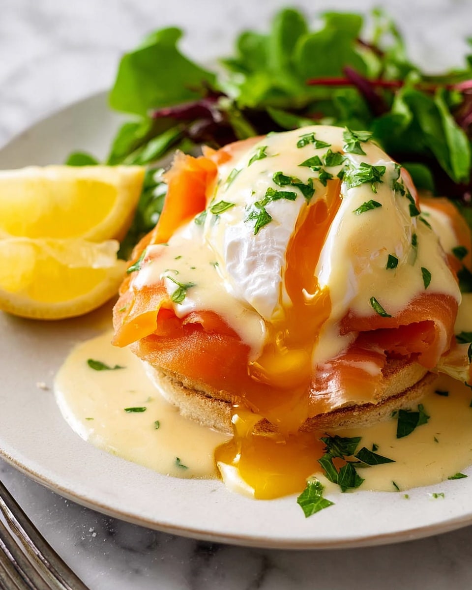 The dish shows a stack of two light brown toasted English muffin halves at the bottom center, topped with thin, bright orange slices of smoked salmon. On top of the salmon is a poached egg with a soft white texture and runny golden yolk spilling down the sides. A creamy light yellow sauce, garnished with chopped green herbs, coats the egg and flows over the edges onto the white plate. There are fresh green leafy salad leaves on the top left and two wedges of bright yellow lemon beside the stack on the white plate. The plate sits on a white marbled surface, and a silver fork is partially visible at the bottom left corner. Photo taken with an iphone --ar 4:5 --v 7