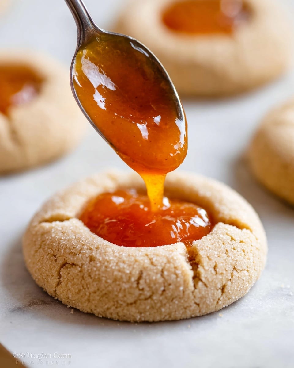 A close-up image of a single round cookie with a thick, sandy beige outer layer that looks soft and slightly crumbly, shaped with a hollow center filled with a bright orange, smooth, and glossy jam being spooned onto it from above, with two more similar cookies blurred in the white marbled background, showing a delicate contrast between the matte cookie dough and the shiny jam; photo taken with an iphone --ar 4:5 --v 7