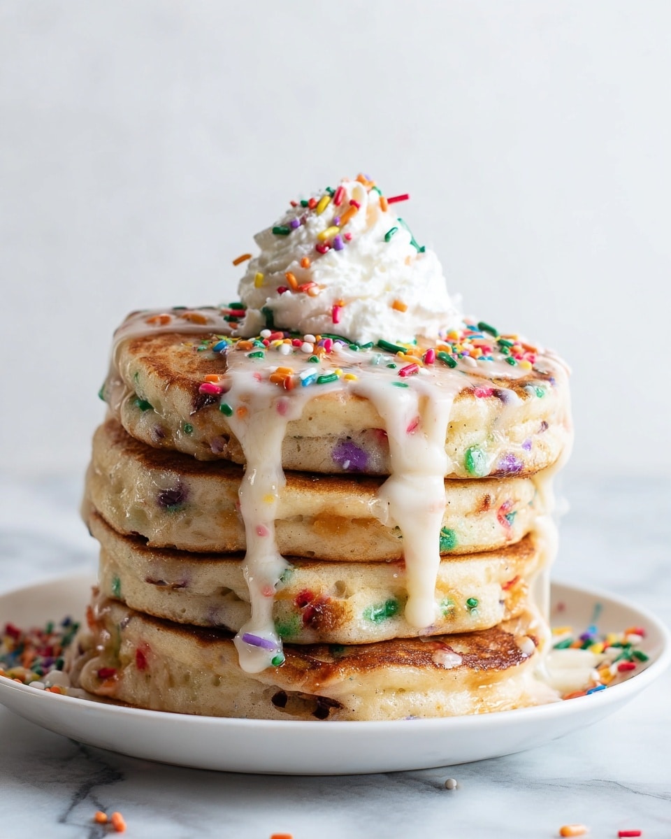 A stack of five thick pancakes sits on a white plate over a white marbled surface, each pancake dotted with colorful sprinkles in red, green, blue, and yellow. A shiny white icing layer drips smoothly down the sides of the pancakes, adding a glossy texture. On the top pancake, there is a swirl of white whipped cream, and a light purple wavy candle is placed upright in the center. Sprinkles in various bright colors scatter over the icing, adding a festive look. The background is plain with a white marbled texture. photo taken with an iphone --ar 4:5 --v 7