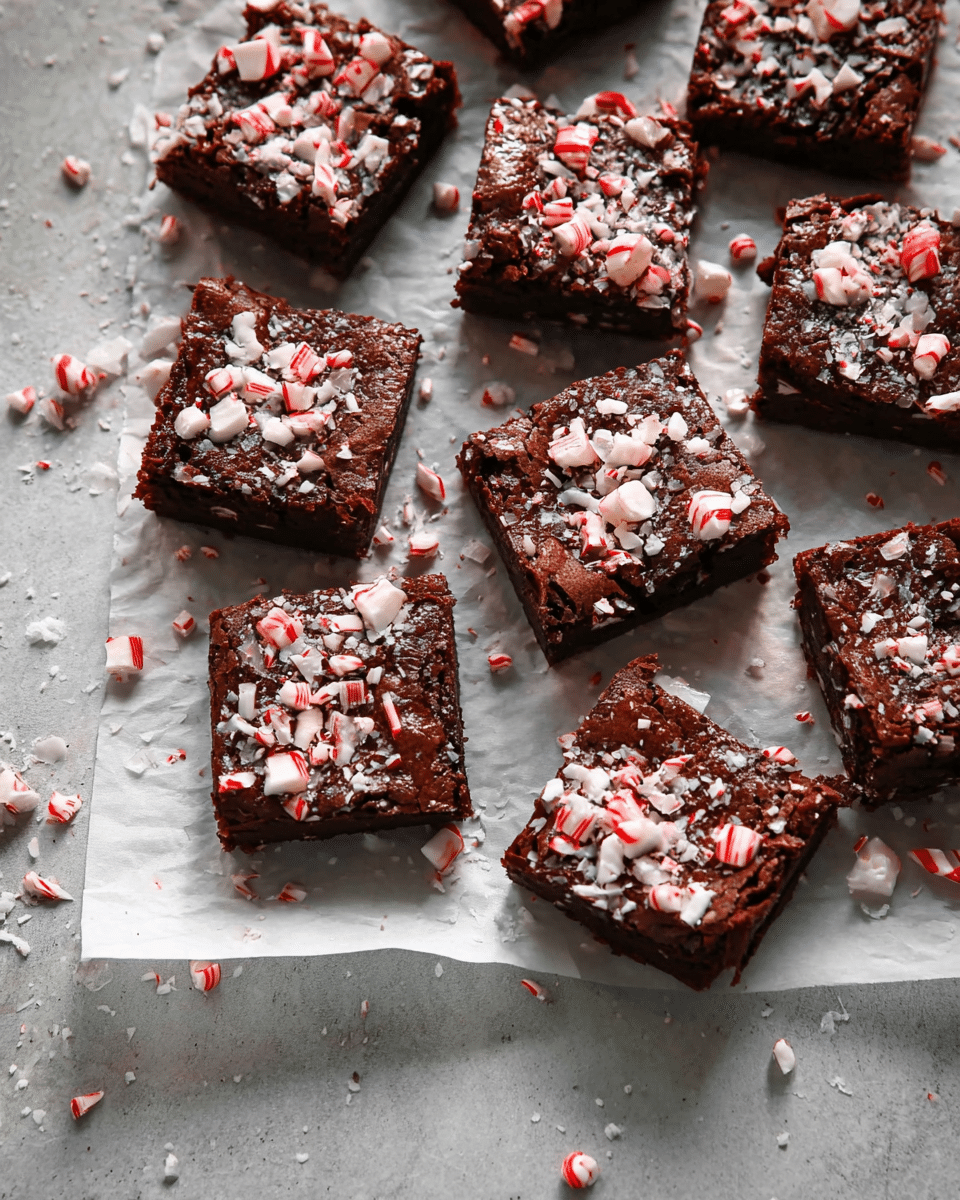 There are twelve square brownies arranged on a sheet of white baking paper, each topped with crushed white and red peppermint candy pieces. The brownies have a rich, dark brown color with a slightly glossy and textured surface. The peppermint pieces are scattered unevenly on top, adding white and red color contrast. Around the paper, more small pieces of peppermint candy are scattered on a white marbled texture surface. photo taken with an iphone --ar 4:5 --v 7
