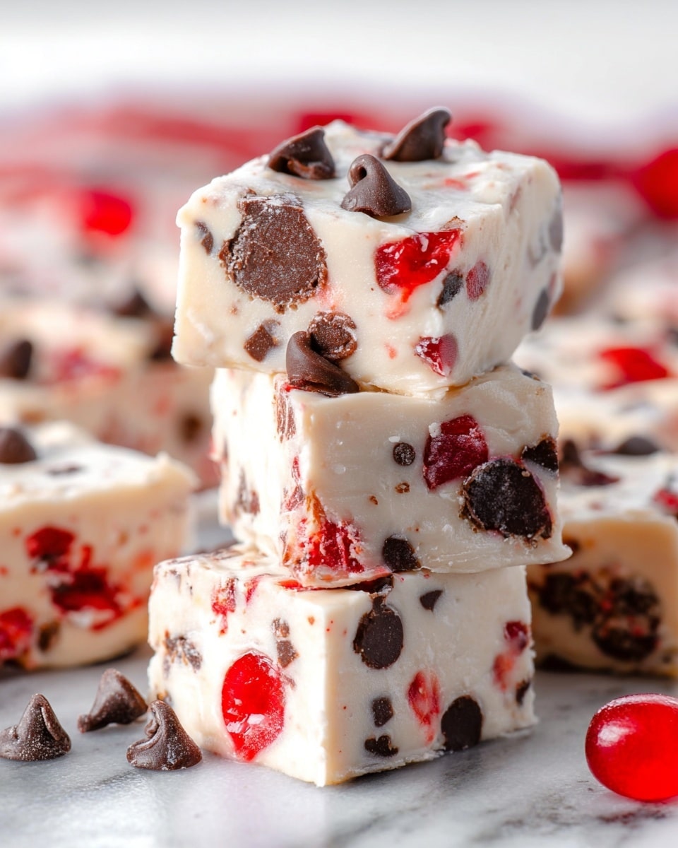 A pile of square white fudge pieces sits on a light wooden cutting board, each piece layered with a creamy white base mixed with red cherry chunks and sprinkled with small dark chocolate chips on top and throughout. The fudge pieces have a smooth and slightly glossy texture with bright red cherry bits visibly embedded, creating a speckled look alongside the scattered chocolate chips. Nearby, a white bowl filled with vibrant red whole cherries is partly visible, resting on a white marbled surface, with some chocolate chips scattered around the board. A red and white cloth with fringed edges adds a cozy accent in the background. photo taken with an iphone --ar 4:5 --v 7