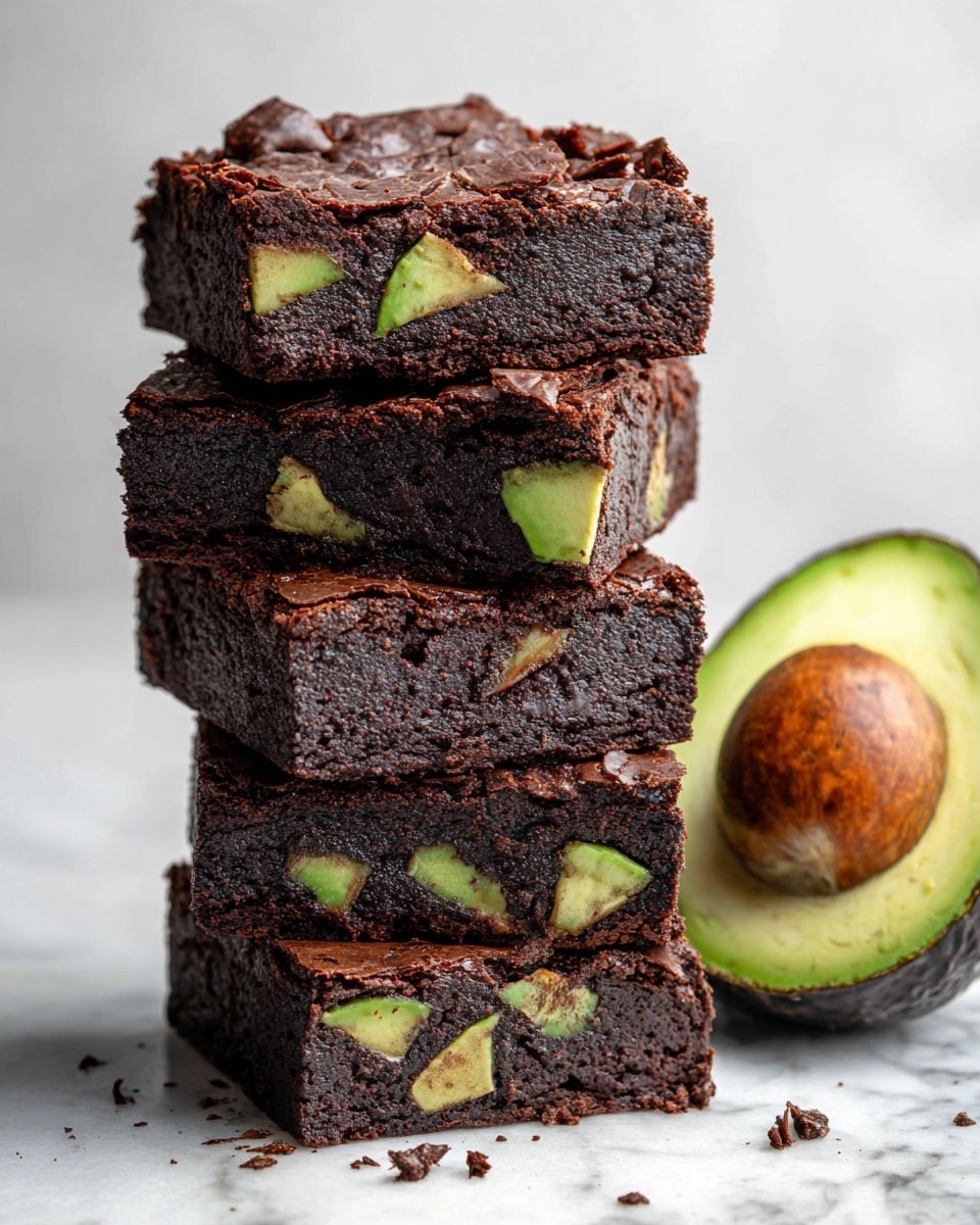 A stack of five thick, square-shaped chocolate brownies is shown on a white marbled surface. Each brownie has a dark brown base with chunks of green avocado pieces embedded throughout, giving a mix of smooth and chunky texture. The top layer has a slightly cracked surface, showing the moist inside. Next to the stack is a half avocado with a large seed in the middle, its green and creamy texture contrasting with the rich dark chocolate. The background is soft and light, keeping the focus on the brownies and avocado. photo taken with an iphone --ar 4:5 --v 7