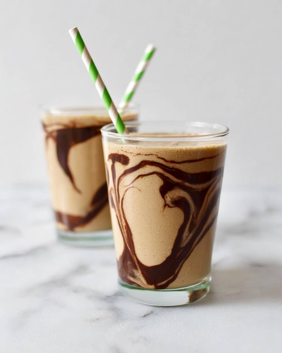 A clear glass filled with a creamy light beige smoothie, with thick dark brown chocolate syrup drizzled inside the glass, creating irregular vertical drip patterns that contrast against the smooth surface of the drink. The glass is placed on a white marbled surface, and the smoothie fills the glass almost to the top, showing a smooth, even texture on the surface. photo taken with an iphone --ar 4:5 --v 7