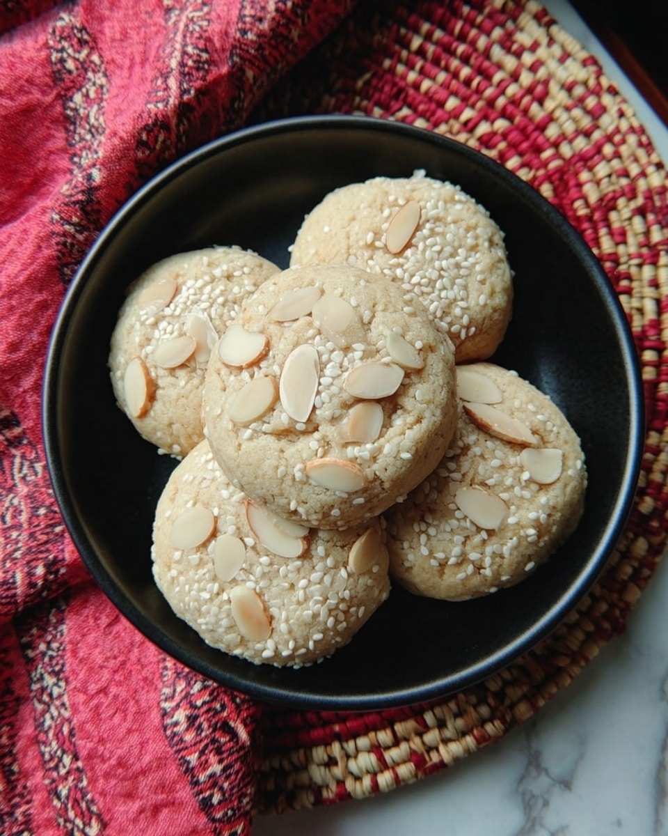 A round black bowl holds five light beige cookies sprinkled with white sesame seeds and thin almond slices on top. The cookies have a slightly cracked surface. The bowl sits on a red, cream, and brown woven mat with a white marbled surface underneath. Photo taken with an iphone --ar 4:5 --v 7