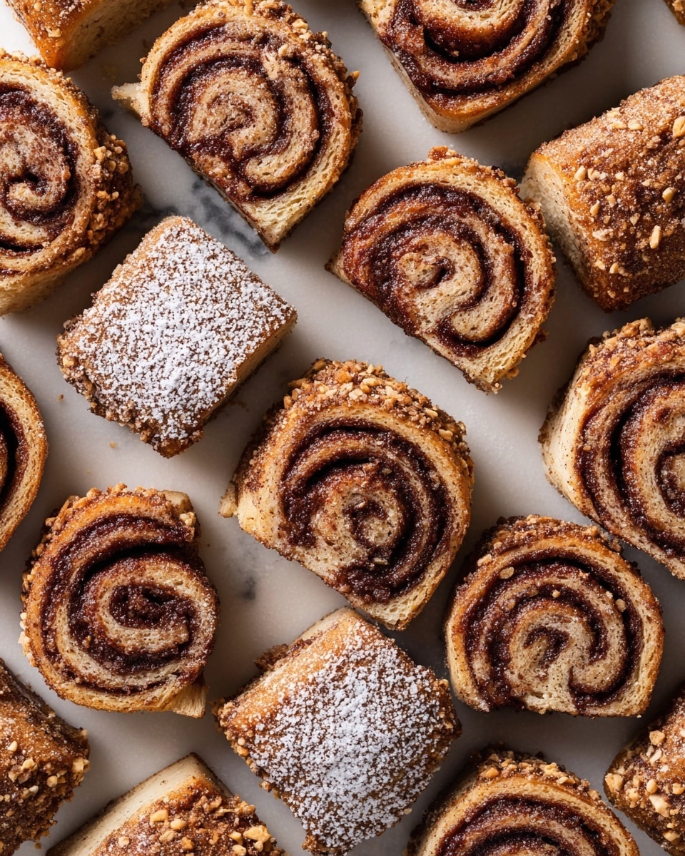 The image shows many small cinnamon roll slices arranged closely on a white marbled surface. Each piece has two main visible layers: a light brown outer dough layer with a slightly crumbly and textured surface covered in sugar crystals or chopped nuts, and a darker, glossy inner swirl layer in the center that looks like cinnamon filling. Some rolls have powdered sugar sprinkled on top, adding a white contrast to their warm brown colors. The slices are cut evenly, showing clear spiral patterns in the middle of every piece. Photo taken with an iphone --ar 4:5 --v 7