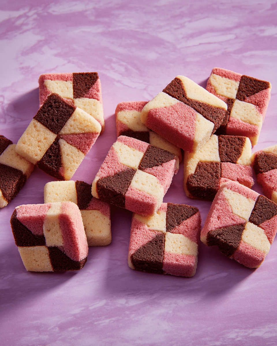 A group of small square cookies with a checkerboard pattern lies scattered on a smooth light purple surface with a white marbled texture. Each cookie has three layers of equal-sized squares in brown, pink, and cream colors arranged in a 3x3 grid that creates the checkerboard look. The texture of the cookies appears soft and crumbly, with slightly rounded edges. Photo taken with an iphone --ar 4:5 --v 7