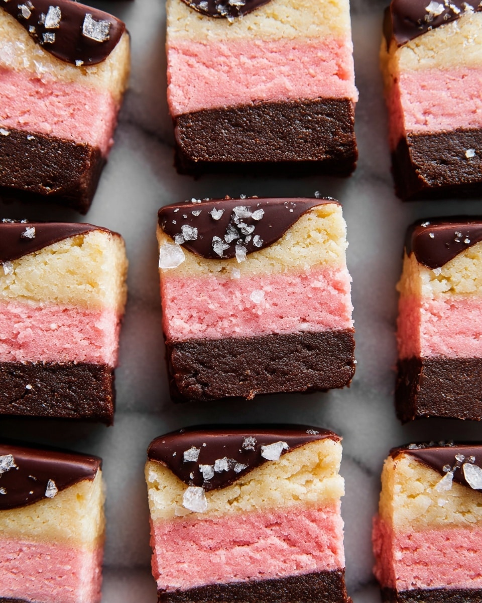 The image shows close-up slices of layered cookies arranged neatly in rows on a white marbled surface. Each cookie has three distinct layers: a pink top layer, a creamy light yellow middle layer, and a dark brown bottom layer. Some cookies have one corner dipped in smooth dark chocolate, with a few sprinkled crystals resembling coarse salt on top. The texture of the layers looks soft but firm, with some light sugar crystals scattered on the surface for sparkle. photo taken with an iphone --ar 4:5 --v 7