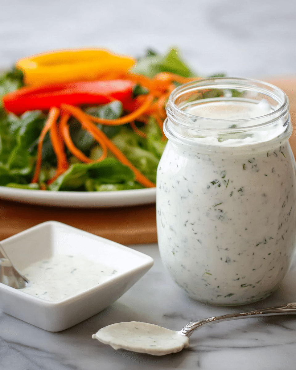 A close-up image shows a large glass jar filled with creamy white ranch dressing speckled with green herbs. Next to the jar, there is a small white square dish with some ranch dressing spilled on one side, and a silver spoon lying across it. In the background, a white plate holds a fresh salad with green lettuce, thin orange carrot curls, and two small bell peppers, one red and one yellow, placed on top. The scene is set on a white marbled surface. Photo taken with an iphone --ar 4:5 --v 7