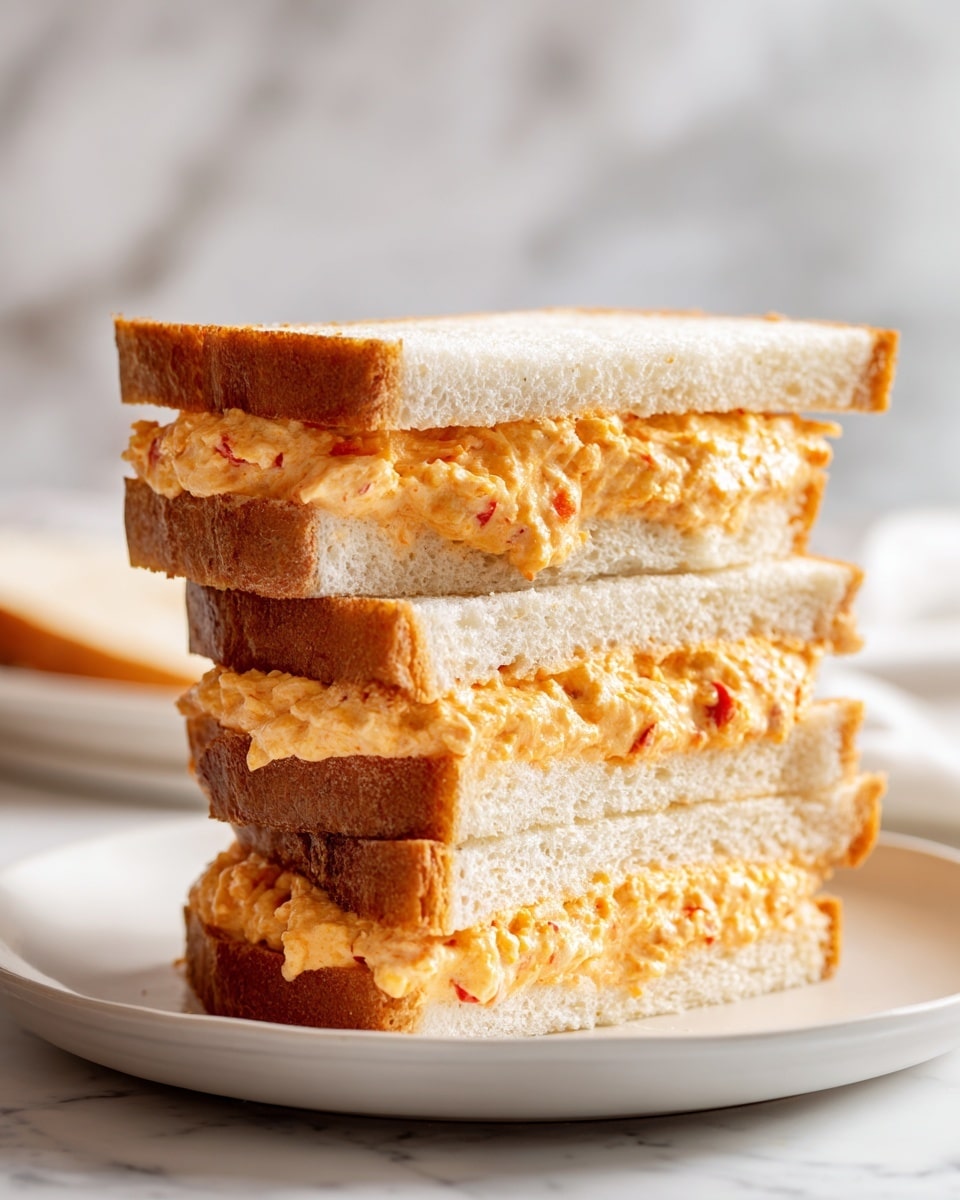 A stack of four sandwich pieces is shown, each made of soft white bread with a light brown crust. Between each layer of bread, there is a thick spread of creamy orange cheese mixed with small bits of red pepper, giving it a slightly chunky texture. The cheese filling is evenly spread, visible along the edges of the bread slices. The sandwiches rest on a white plate, placed on a white marbled surface. The background is softly blurred, focusing attention on the sandwiches. photo taken with an iphone --ar 4:5 --v 7