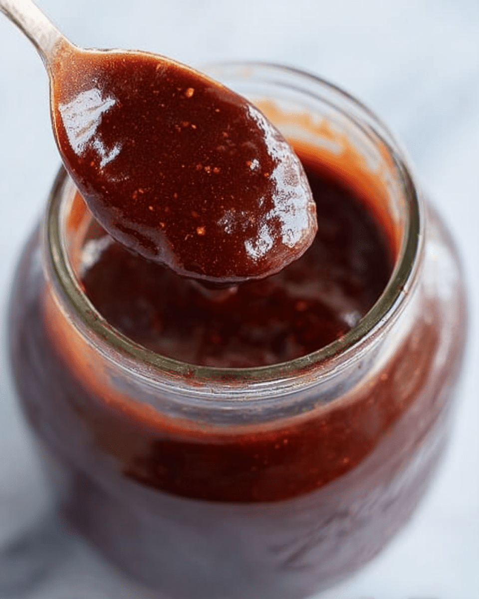 A close-up image of a glass jar filled with thick, dark reddish-brown sauce. A spoon inside the jar scoops up the glossy, rich sauce, showing its smooth texture with some small chunks visible. The jar sits on a white marbled surface that softly contrasts with the deep color of the sauce. The spoon reflects light, highlighting the shiny surface of the sauce. Photo taken with an iphone --ar 4:5 --v 7