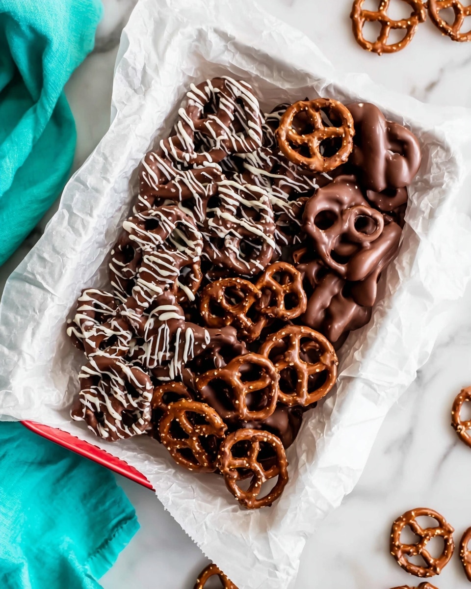 A white rectangular tray lined with crinkled white parchment paper is filled with two types of chocolate-covered pretzels. On the right side, there is a neat pile of smooth, milk chocolate-coated pretzels with a shiny surface. On the left side, the pretzels are coated in milk chocolate but decorated with thin, uneven white chocolate drizzles. The tray sits on a white marbled surface scattered with a few more chocolate-covered pretzels. A bright turquoise cloth is partially visible at the bottom left corner of the image. photo taken with an iphone --ar 4:5 --v 7