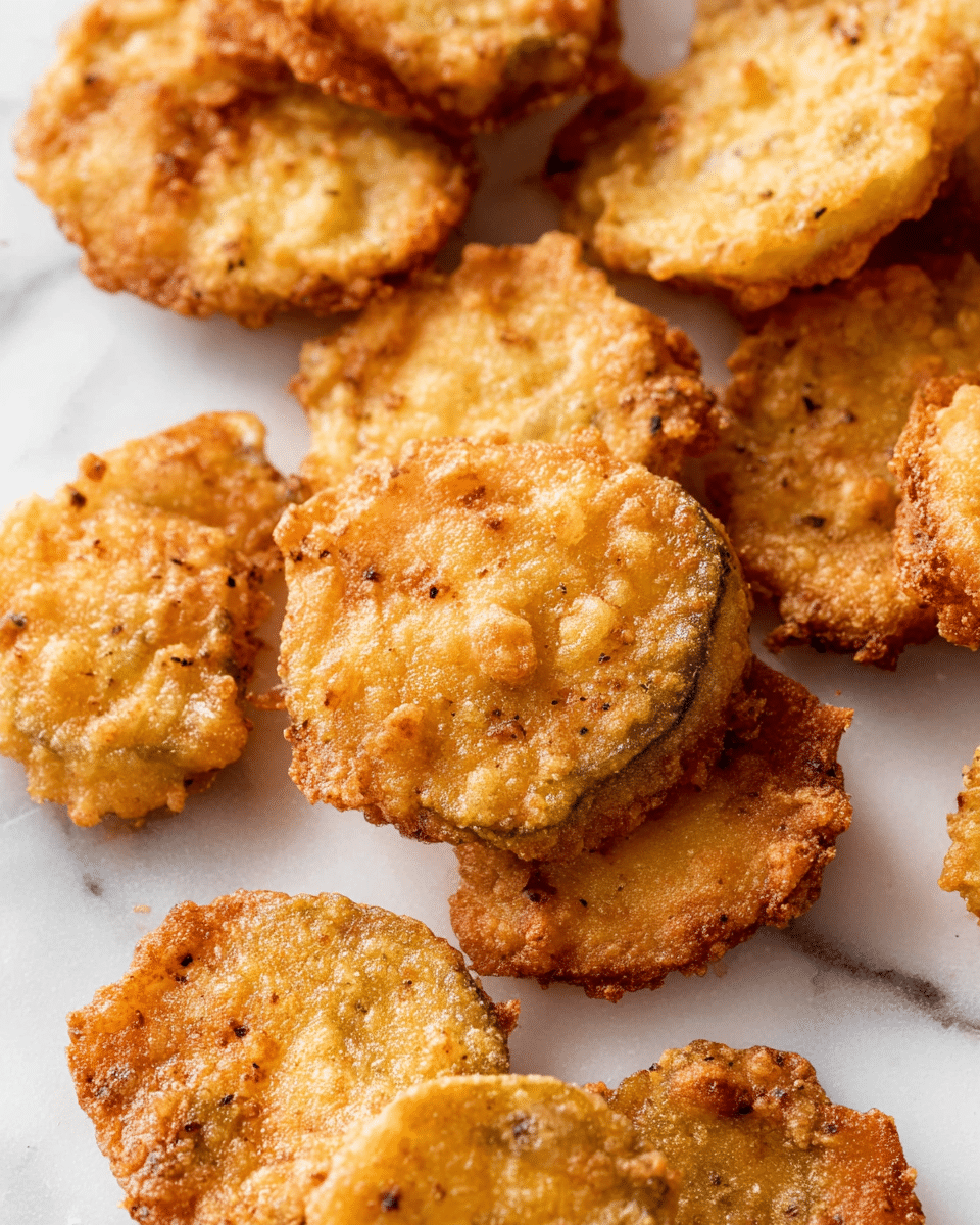A white plate holds a thick pile of fried pickle slices, each piece showing a golden brown, crispy, and slightly uneven batter coating with small bubbles and textured ridges. The fried slices have visible green pickle centers peeking through the batter, and the edges show a varied golden crispiness. Behind the plate is a white marbled surface with blurred background elements including a dark beverage glass and a bright pink cloth. photo taken with an iphone --ar 4:5 --v 7