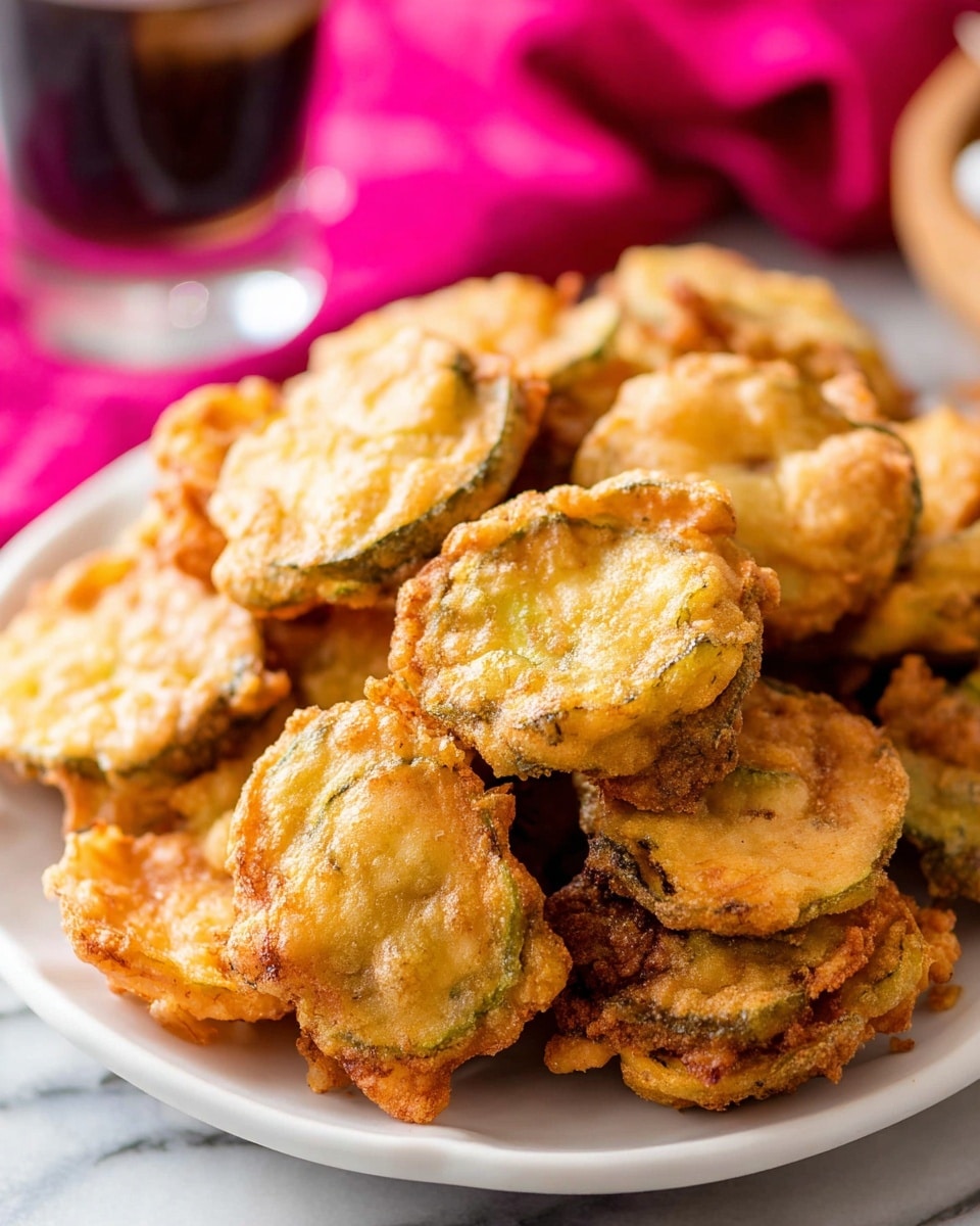 The image shows several pieces of golden brown fried pickles with a crunchy texture, spread out on a white marbled surface. Each pickle piece is round and coated in a bubbly, slightly uneven fried batter with some dark specks of seasoning. The batter looks thick and crispy with different shades of light to medium brown. The pickles underneath are barely visible through the coating, which appears slightly rough and crunchy. Photo taken with an iphone --ar 4:5 --v 7