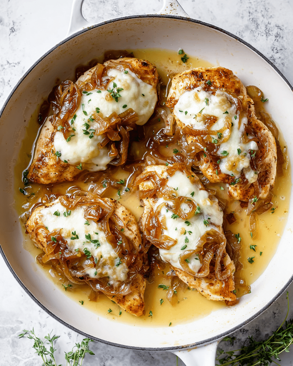 The dish shows pieces of golden-brown cooked chicken breasts as the base layer, topped with a generous amount of caramelized onions that are soft and slightly dark brown. On top of the onions lies a thick layer of melted white cheese that covers the onions completely, with a few small green herb sprigs scattered on the cheese for garnish. The food is served inside a white pan with light bubbling butter or sauce around the chicken, all placed on a white marbled surface. Photo taken with an iphone --ar 4:5 --v 7