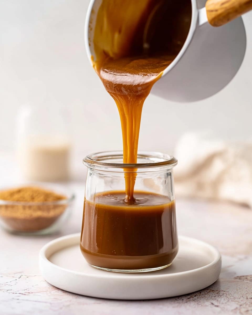 A smooth, shiny caramel sauce with a rich golden brown color is being poured from a white pot with a wooden handle into a clear glass jar that sits on a white plate. The jar is mostly filled with the caramel sauce, and the caramel is flowing in a thick, glossy stream. The scene is set on a white marbled surface with a soft, bright background that includes a blurred glass of milk and a small bowl of brown sugar. photo taken with an iphone --ar 4:5 --v 7