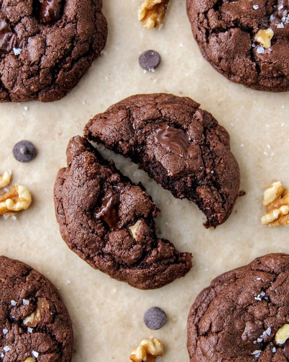 The image shows several thick, dark brown chocolate cookies on a light tan parchment paper with scattered chocolate chips and walnut pieces around them. The cookies have a rough, cracked texture on top, with visible chunks of melted dark chocolate and small bits of walnuts embedded inside and on the surface. One cookie in the center has a noticeable bitten section, revealing its soft and gooey inside filled with chocolate chips and a broken walnut piece. The cookies are large and slightly uneven in shape, giving a homemade feel. The photo is shot from above on a white marbled texture background. photo taken with an iphone --ar 4:5 --v 7