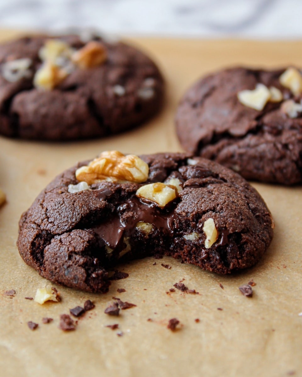 A close-up of three dark brown chocolate cookies with a cracked, soft texture, placed on light brown parchment paper over a white marbled surface. The cookie in the front is partially broken, showing a gooey, melted dark chocolate center mixed with pieces of walnuts inside. On top of this cookie, there are walnut chunks and small bits of chocolate scattered, giving a rough, chunky look. The other two cookies in the background are whole with similar textures and small nut pieces on top. Photo taken with an iphone --ar 4:5 --v 7