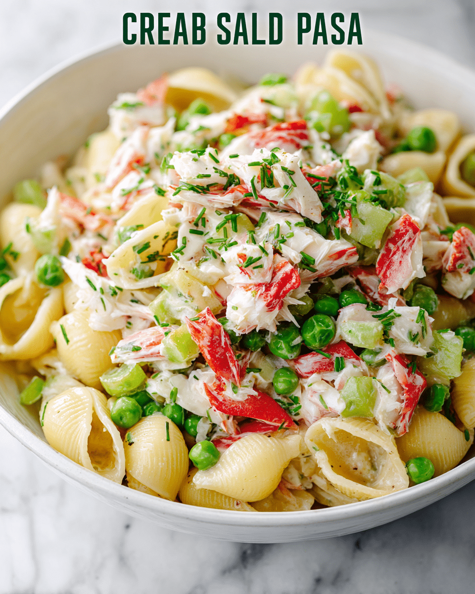 A close-up view of a white bowl filled with a crab pasta salad shows three main layers: the base layer of smooth, light yellow shell pasta, the middle layer of bright green peas, small diced red bell peppers, and light green celery pieces, and the top layer made up of chunky white crab meat with red edges, all mixed together and sprinkled with finely chopped green herbs, giving a fresh and colorful look. The bowl sits on a white marbled surface in soft natural light. photo taken with an iphone --ar 4:5 --v 7