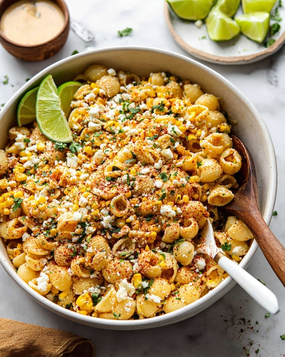 A large white bowl filled with a creamy mix of small pasta tubes and yellow corn kernels, lightly coated in a white sauce. The pasta and corn are scattered with white crumbly cheese and chopped green herbs. There are pieces of charred corn mixed in for a touch of brown. Two lime wedges rest on top of the mixture near the side. A wooden spoon with a light handle is placed inside the bowl on the right side. The bowl sits on a white marbled surface with a small bowl of white cheese and lime wedges nearby. photo taken with an iphone --ar 4:5 --v 7