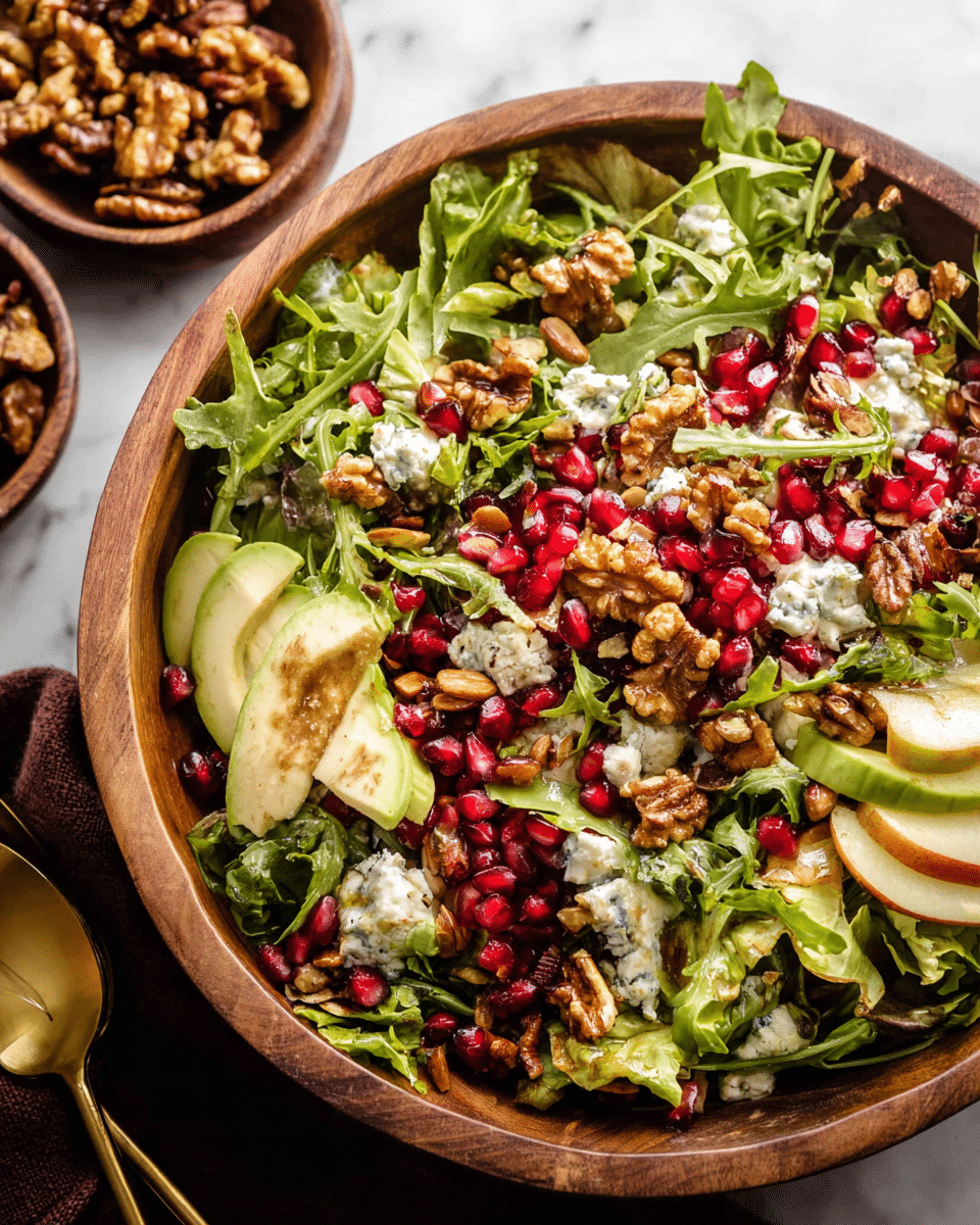 A wooden bowl filled with a colorful salad sits on a white marbled surface. The base layer is a mix of fresh green leafy lettuce and arugula with a light, curly texture. Spread throughout the greens are bright red pomegranate seeds that add small bursts of color, along with chunks of creamy blue cheese that have white and light blue marbling. Slices of pale green avocado pieces and light yellow apple wedges are layered around, adding smooth textures. Scattered on top are glazed walnuts and some pumpkin seeds, giving a crunchy, shiny dark brown element. In the background, a small wooden bowl contains more glazed nuts, and a large gold spoon is partially visible nearby. Photo taken with an iphone --ar 4:5 --v 7