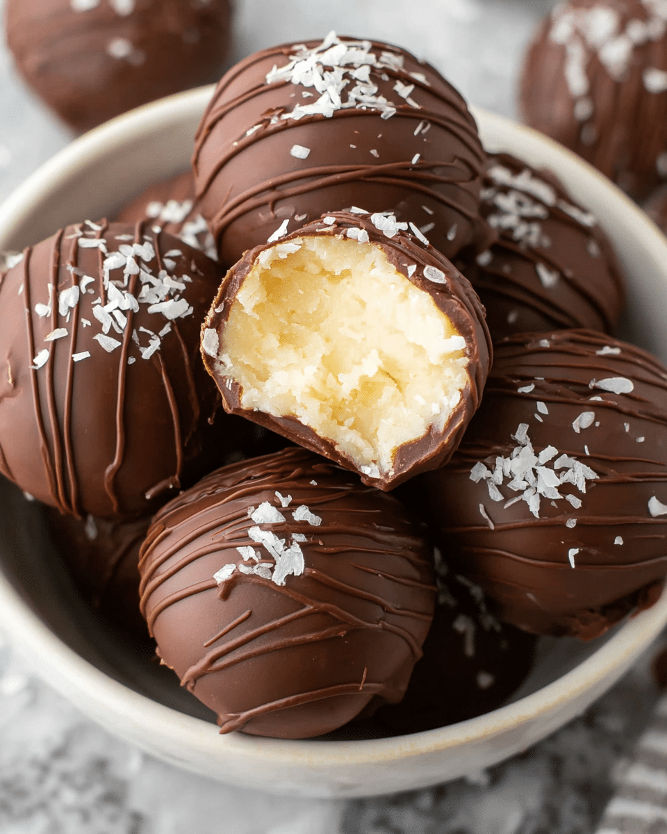 A white bowl holds several round chocolate-covered balls stacked together. Each ball has a smooth, dark brown chocolate coating with thin chocolate lines drizzled on top and small white sprinkles scattered over them. One ball near the center has a bite taken out of it, showing a creamy, light yellow filling inside with a soft, moist texture. The background is a white marbled texture. photo taken with an iphone --ar 4:5 --v 7
