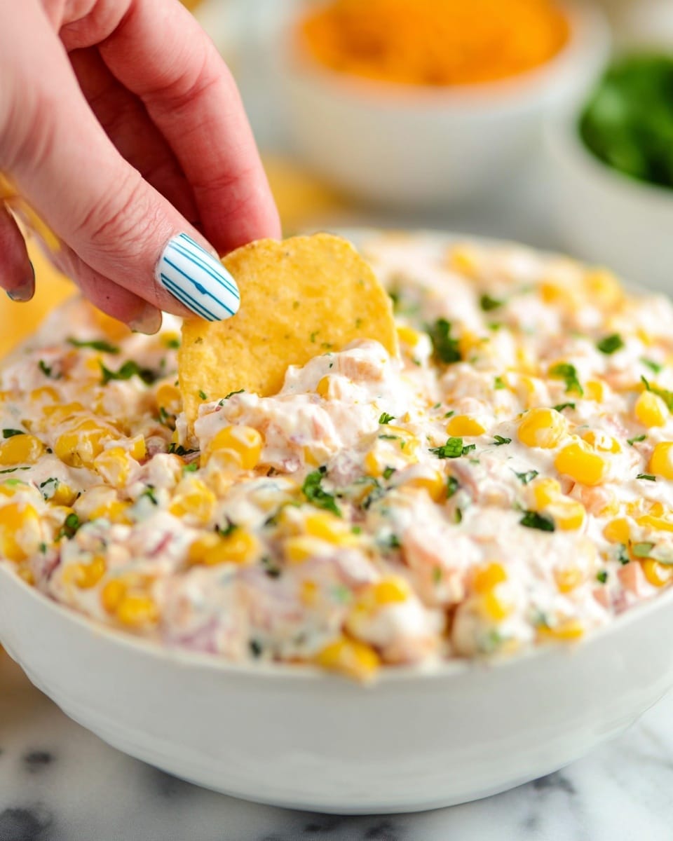 A close-up of a white bowl filled with a creamy corn dip that has a mix of bright yellow corn kernels, small green herb pieces, and bits of pinkish-red, all mixed in a white creamy sauce with some texture. A woman's hand with blue and white ombre nails is dipping a round yellow chip into the bowl. In the blurred background, there are white bowls with green, yellow, and orange contents on a white marbled texture. photo taken with an iphone --ar 4:5 --v 7