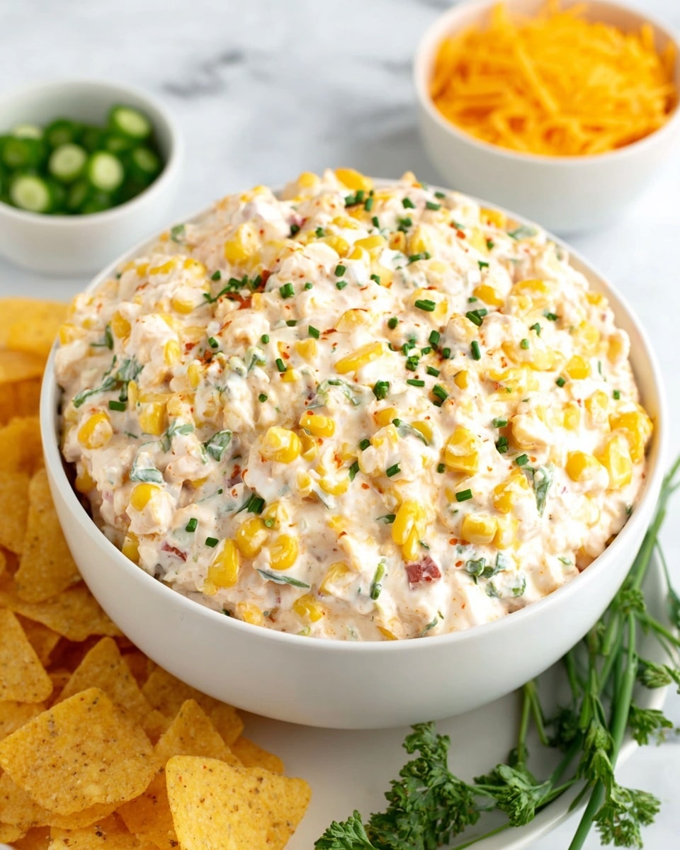 A white bowl filled with a creamy, chunky corn dip showing layers of yellow corn kernels mixed with a smooth white base, bits of red seasoning, and green chopped herbs scattered throughout and on top. The dip has a thick and slightly textured appearance. Around the bowl, a small white bowl of shredded orange cheese sits in the upper background, a white bowl with sliced green onions to the left, and some yellow corn chips are placed on a white marbled surface in the foreground. Fresh green herb sprigs add color to the scene. Photo taken with an iphone --ar 4:5 --v 7