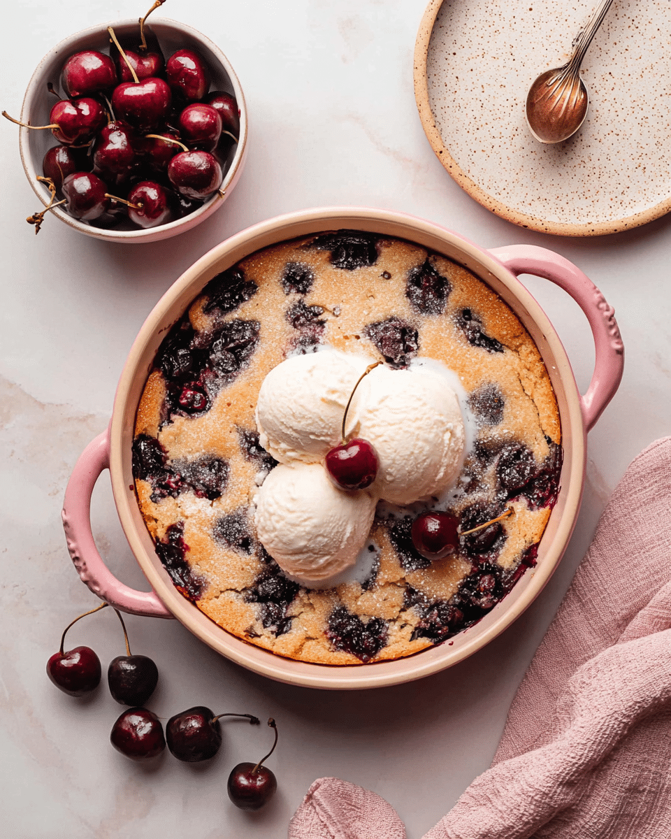 A round cherry cobbler baked in a light pink round dish with two handles is shown from above. The cobbler has a golden brown, slightly crispy top layer sprinkled with cooked dark purple cherries peeking through. On top of the cobbler are three scoops of creamy white vanilla ice cream melting slightly, with a single fresh dark red cherry with a green stem placed near the ice cream. Next to the baking dish, there is a small white bowl filled with fresh dark red cherries on the white marbled surface, and a speckled beige plate is placed nearby. A soft pink cloth lies on the right side, completing the cozy scene. Photo taken with an iphone --ar 4:5 --v 7