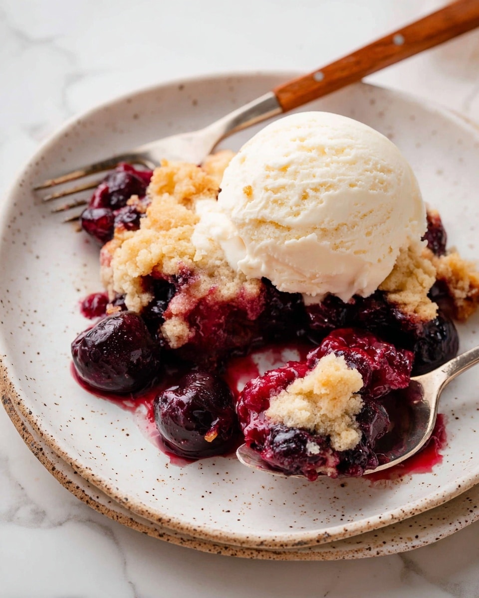 A scoop of creamy vanilla ice cream sits on top of a warm cherry cobbler on a white speckled plate, showing three main layers: at the bottom are whole and halved dark red cherries with a glossy texture, in the middle is a golden-brown crumbly cake layer with a slightly crispy texture on top, and the ice cream melts slowly over the warm dessert. A fork with a wooden handle rests on the plate, holding a chunk of cherry cobbler. The plate is on a white marbled surface. photo taken with an iphone --ar 4:5 --v 7