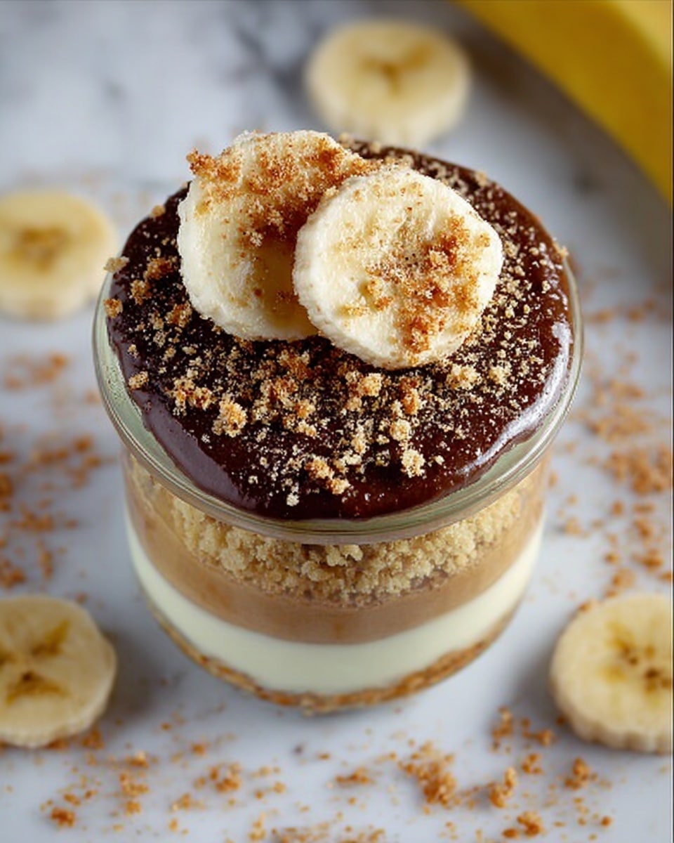 The image shows a dessert in a clear glass jar placed on a white marbled surface. The dessert has three layers: the bottom layer is white and smooth, the middle layer is crumbly and light brown, and the top layer is dark brown and creamy with a grainy texture. On top of the dessert, there are two banana chips placed side by side, and some brown crumbs sprinkled all over the surface. Around the jar, there are slices of banana scattered on the white marbled surface. photo taken with an iphone --ar 4:5 --v 7