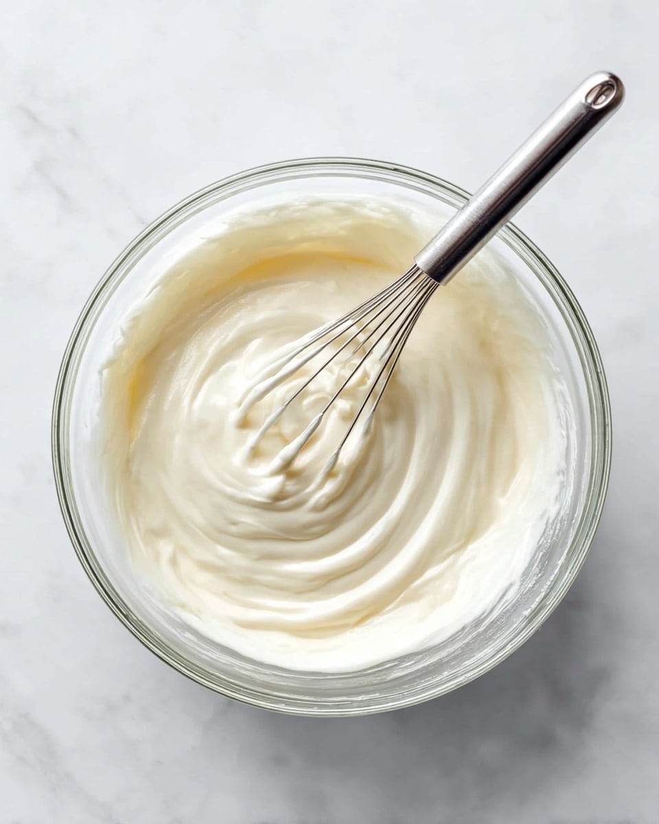 A clear glass bowl filled with a thick, creamy white mixture that has a smooth, glossy texture. A metal whisk with cream on its wires sits inside the bowl, partially dipped into the mixture, creating circular swirls on the surface. The background is a white marbled texture. photo taken with an iphone --ar 4:5 --v 7