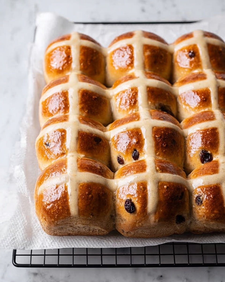 The image shows a close-up of a tray with twelve shiny, golden-brown hot cross buns arranged in three rows of four. Each bun has a smooth, slightly puffy texture with a creamy white cross on top, creating a clear contrast against the darker crust. Some buns show small dark spots, likely raisins or currants, embedded in the dough. The buns rest on a piece of white parchment paper, which is loosely laid on a black cooling rack. The scene is set on a white marbled surface, adding a clean and bright look to the image. photo taken with an iphone --ar 4:5 --v 7