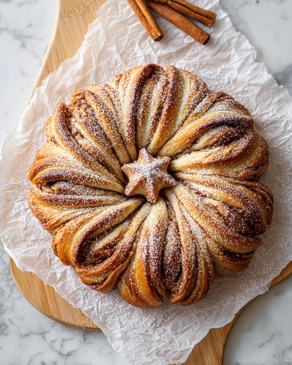 A round, flower-shaped bread pastry sits on crinkled white paper over a wooden cutting board on a white marbled surface. The bread has multiple twisted layers that alternate between golden brown and a darker cinnamon color, creating a textured, striped look. The center of the pastry has a solid, round shape with a small, star-like piece on top. The entire bread is lightly dusted with powdered sugar, adding a soft white contrast to the warm brown hues. Two cinnamon sticks lie nearby on the white marbled surface. Photo taken with an iphone --ar 4:5 --v 7
