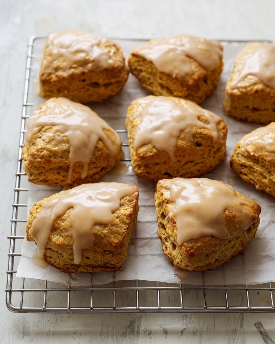 The image shows eight golden-brown scones placed on a metal cooling rack over a sheet of parchment paper, all set on a white marbled textured surface. Each scone has one thick layer, topped with a shiny, smooth, light brown glaze that looks creamy and slightly glossy, covering the top part and slightly dripping on one side. The scones have a rough texture with visible cracks and crumbly edges, and they are arranged closely in two rows. Photo taken with an iphone --ar 4:5 --v 7