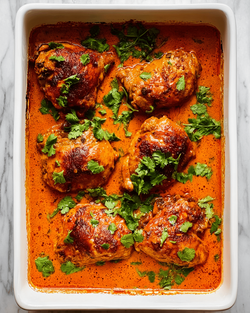 The image shows six pieces of cooked chicken in a white rectangular baking dish, covered in a thick, orange-colored sauce with a smooth but slightly textured surface. The chicken pieces are browned on top, giving a crispy and caramelized look, and they are topped with scattered fresh green cilantro leaves. The baking dish is placed on a white marbled surface. photo taken with an iphone --ar 4:5 --v 7