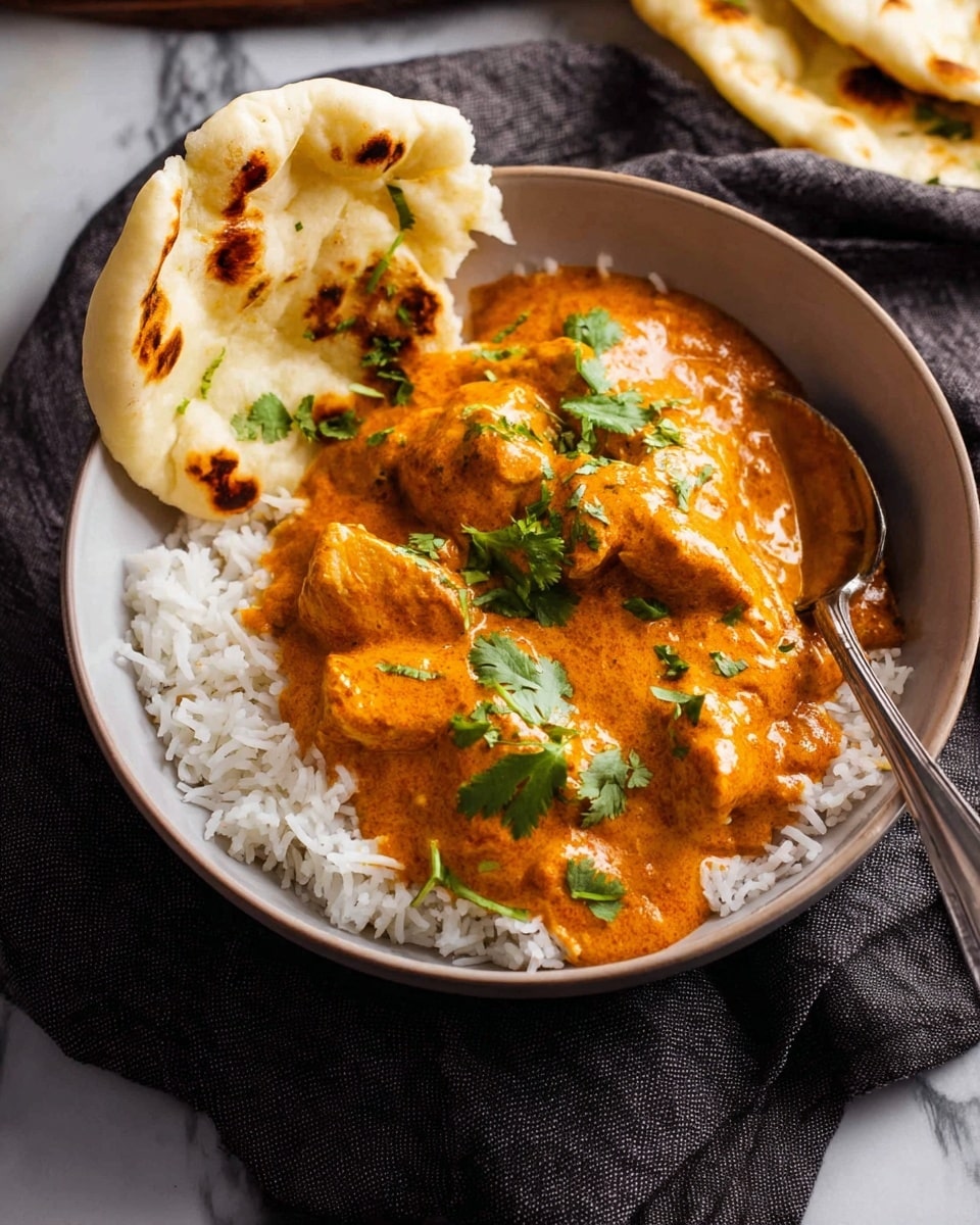 A bowl with white rice as the bottom layer, topped with pieces of chicken covered in thick orange curry sauce, garnished with small green cilantro leaves scattered on top. To the side of the chicken, a folded piece of lightly charred white naan bread leans against the bowl’s edge, and a silver spoon is partially dipped into the curry. The bowl is set on a dark textured cloth with a white marbled surface in the background. Photo taken with an iphone --ar 4:5 --v 7